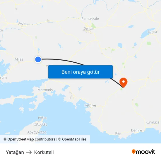 Yatağan to Korkuteli map