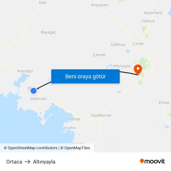 Ortaca to Altınyayla map