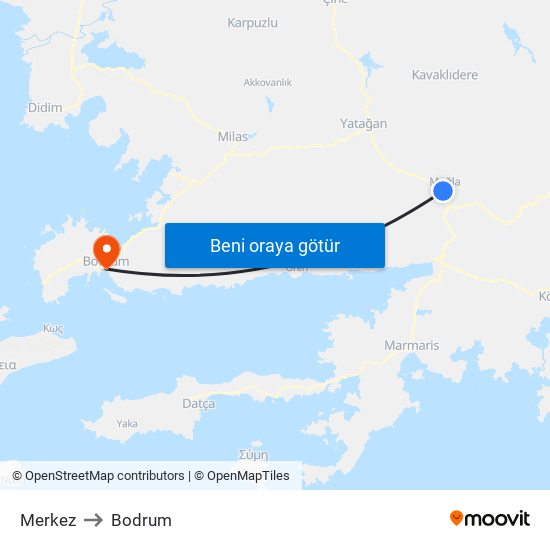 Merkez to Bodrum map