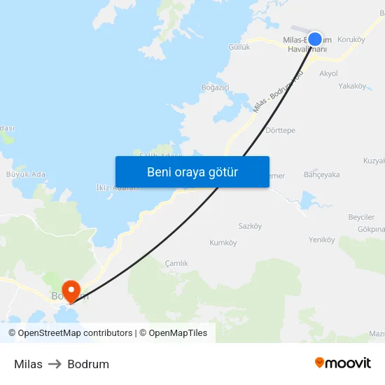 Milas to Bodrum map