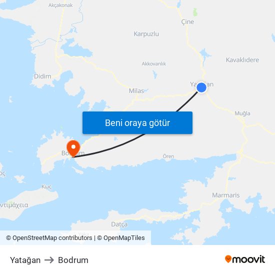 Yatağan to Bodrum map