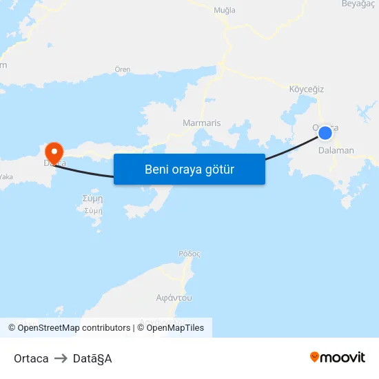 Ortaca to Datã§A map