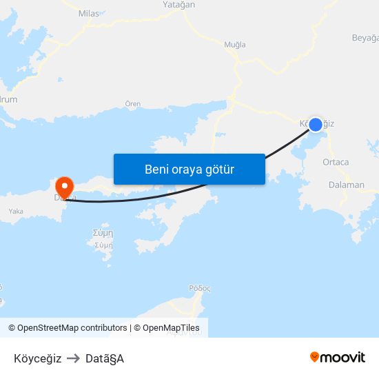 Köyceğiz to Datã§A map