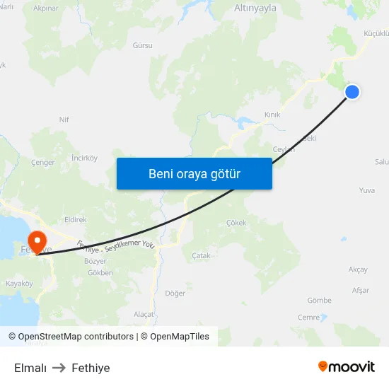 Elmalı to Fethiye map
