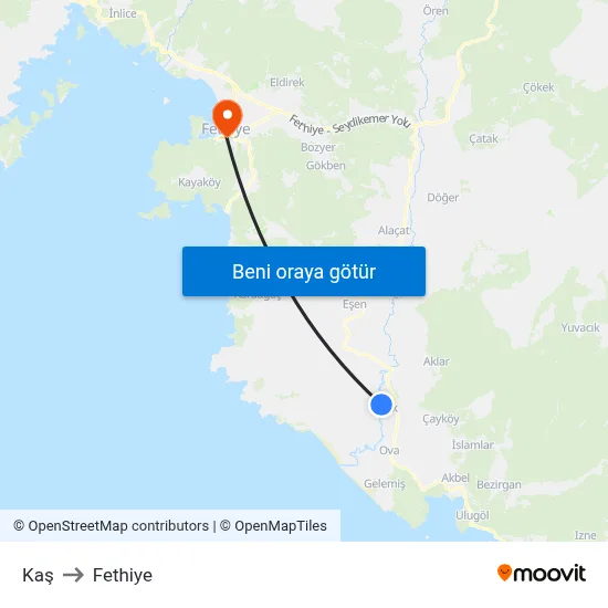 Kaş to Fethiye map