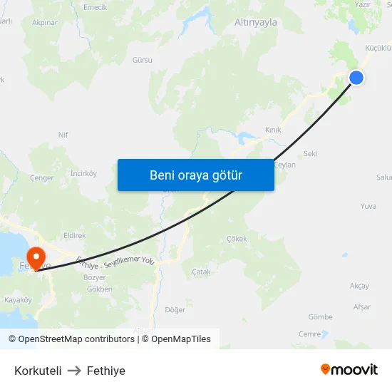 Korkuteli to Fethiye map