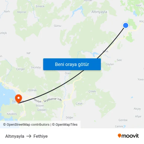 Altınyayla to Fethiye map