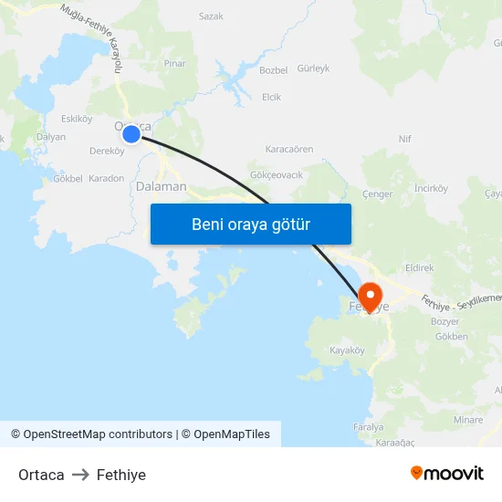 Ortaca to Fethiye map