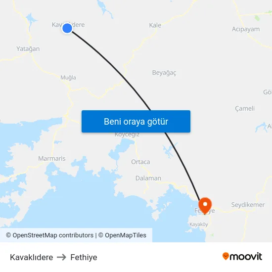Kavaklıdere to Fethiye map