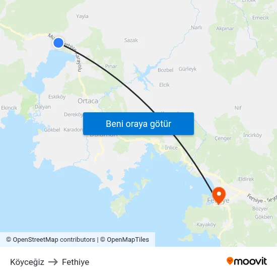 Köyceğiz to Fethiye map