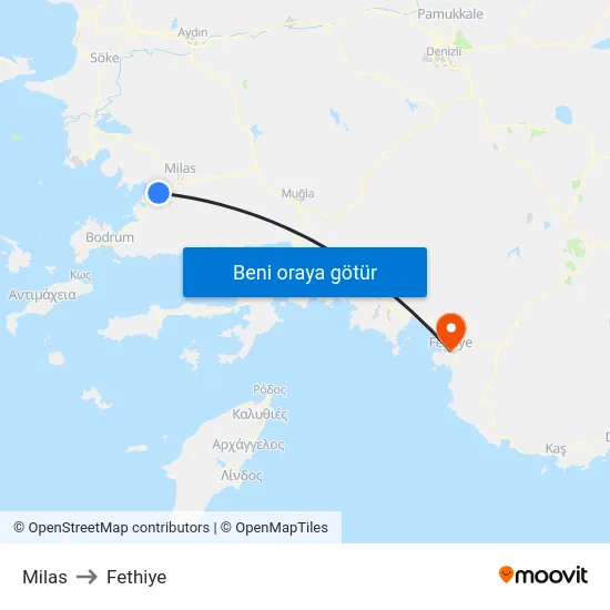 Milas to Fethiye map