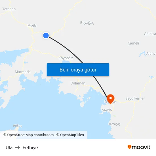 Ula to Fethiye map