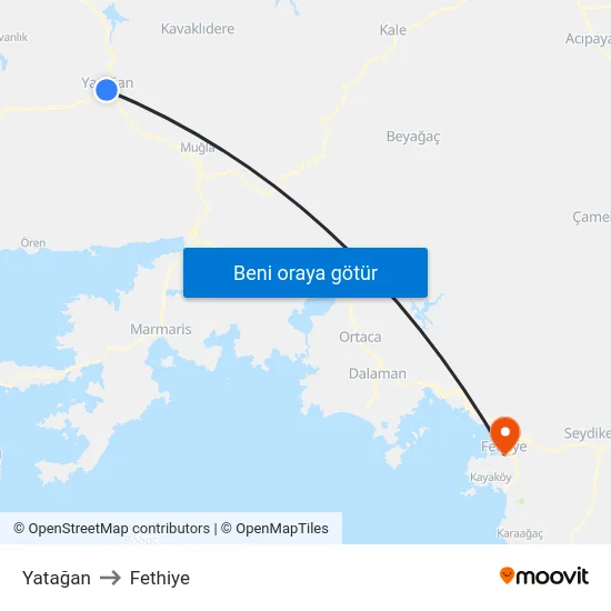 Yatağan to Fethiye map