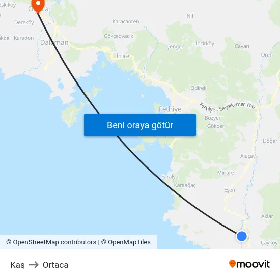 Kaş to Ortaca map
