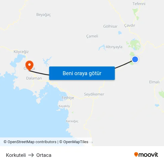 Korkuteli to Ortaca map