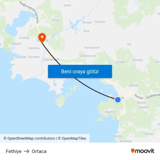 Fethiye to Ortaca map