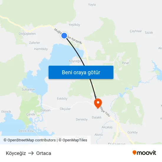 Köyceğiz to Ortaca map