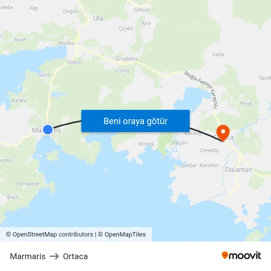 Marmaris to Ortaca map