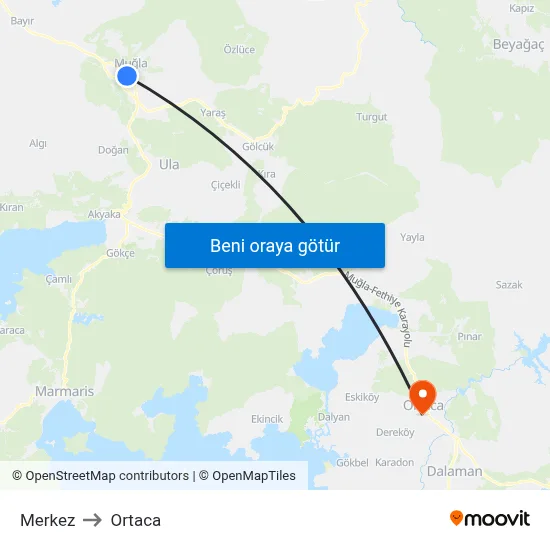 Merkez to Ortaca map