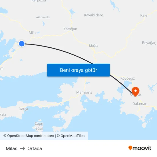 Milas to Ortaca map