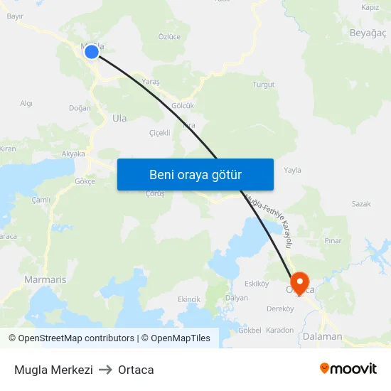 Mugla Merkezi to Ortaca map