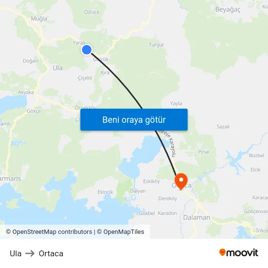 Ula to Ortaca map