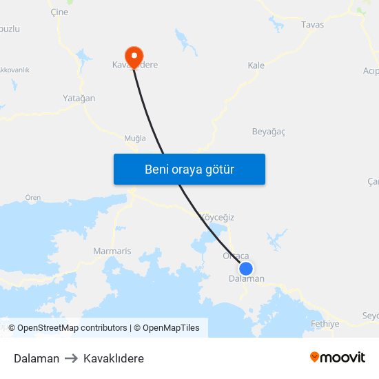 Dalaman to Kavaklıdere map