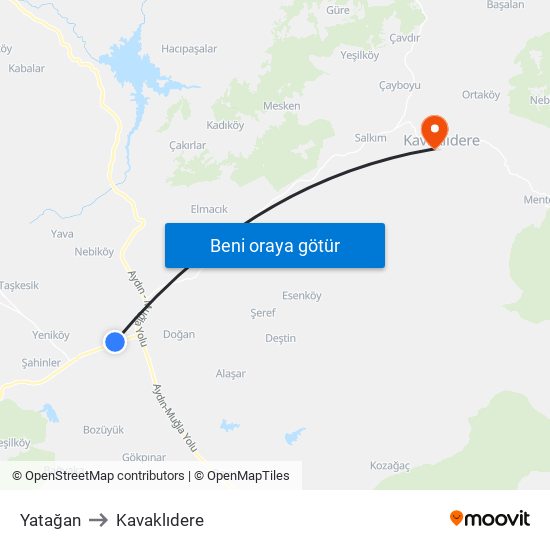 Yatağan to Kavaklıdere map