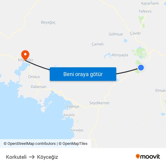 Korkuteli to Köyceğiz map