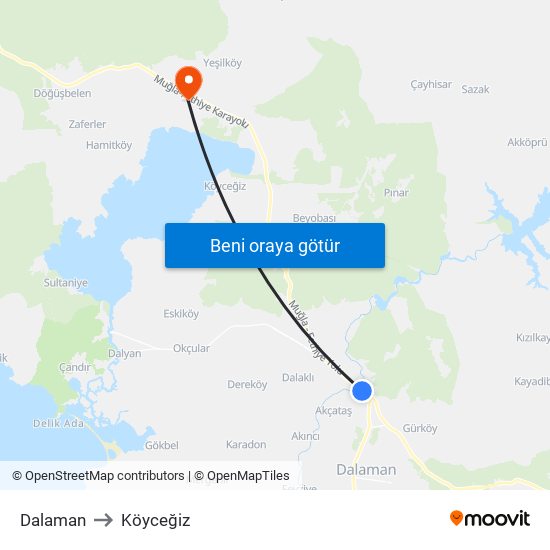 Dalaman to Köyceğiz map