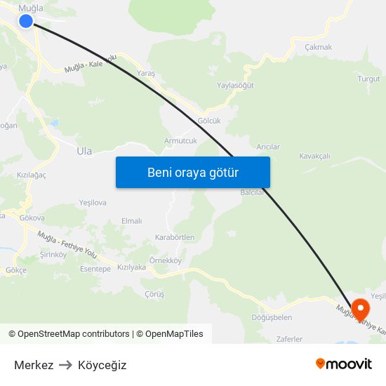 Merkez to Köyceğiz map