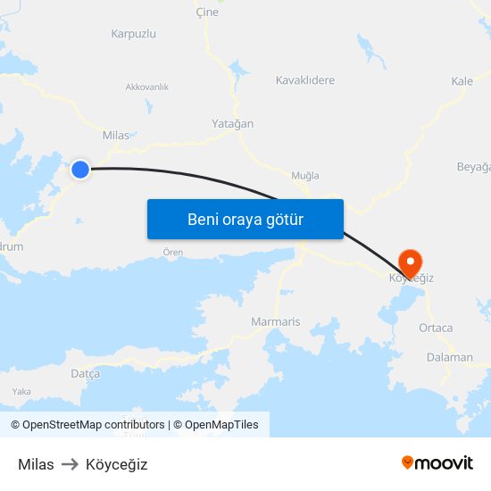 Milas to Köyceğiz map