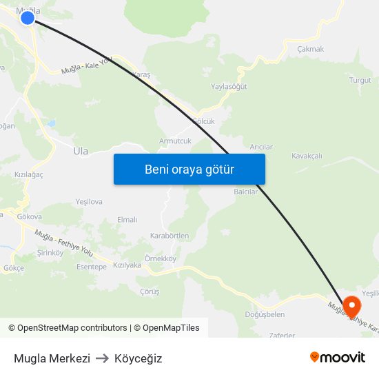 Mugla Merkezi to Köyceğiz map