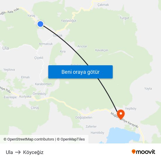 Ula to Köyceğiz map