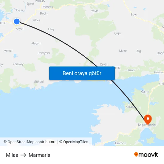 Milas to Marmaris map