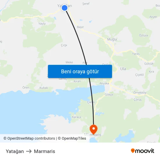 Yatağan to Marmaris map