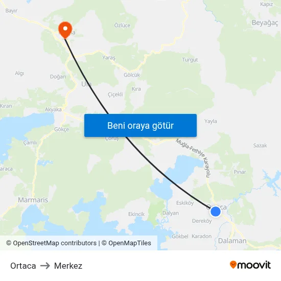Ortaca to Merkez map