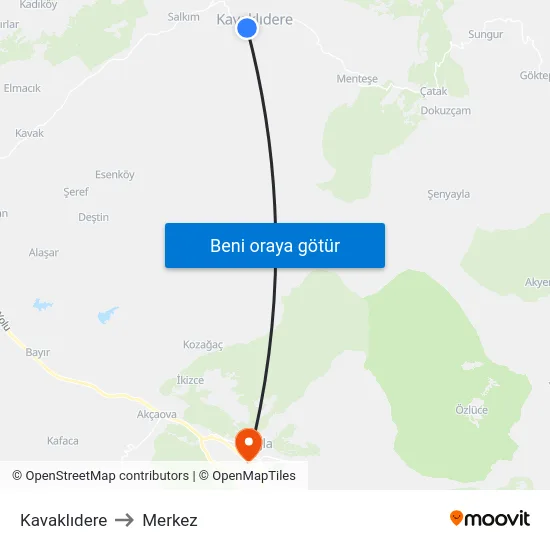 Kavaklıdere to Merkez map