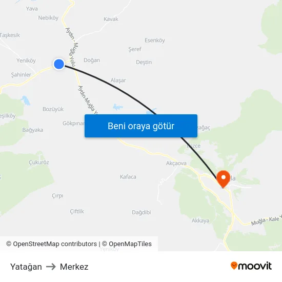 Yatağan to Merkez map