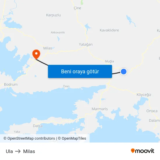 Ula to Milas map