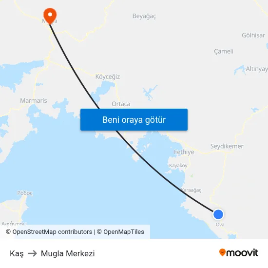 Kaş to Mugla Merkezi map
