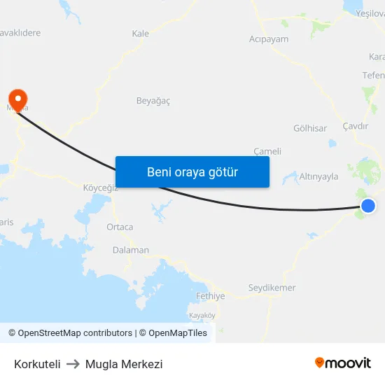Korkuteli to Mugla Merkezi map
