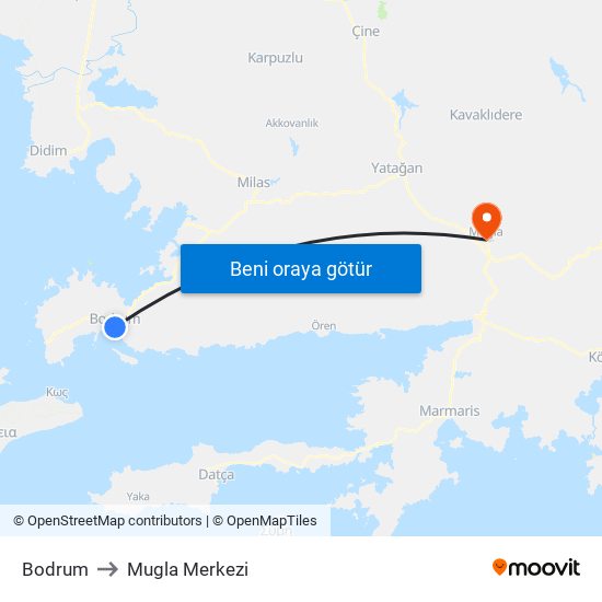 Bodrum to Mugla Merkezi map