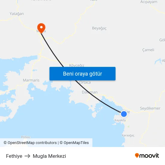 Fethiye to Mugla Merkezi map
