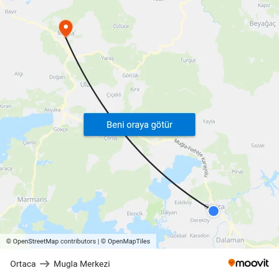 Ortaca to Mugla Merkezi map
