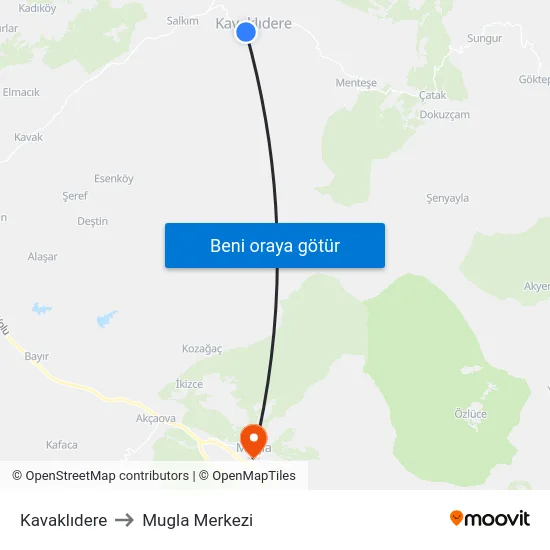 Kavaklıdere to Mugla Merkezi map