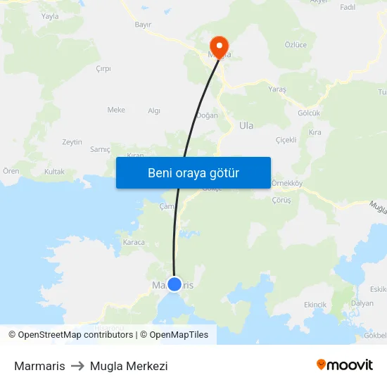 Marmaris to Mugla Merkezi map