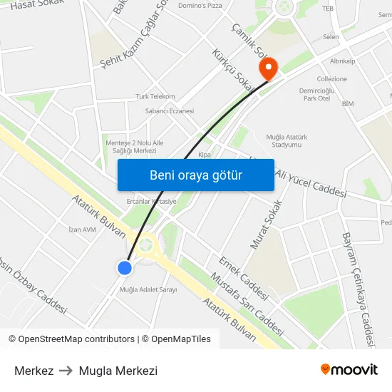 Merkez to Mugla Merkezi map