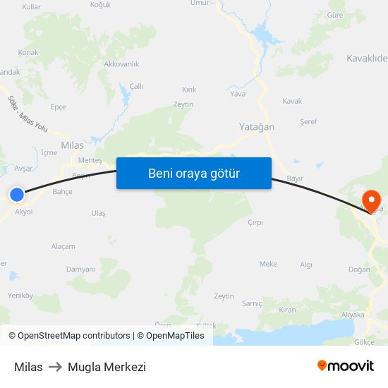 Milas to Mugla Merkezi map