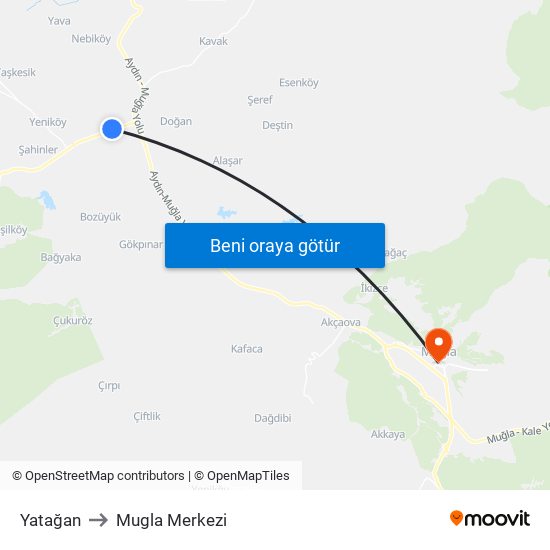 Yatağan to Mugla Merkezi map